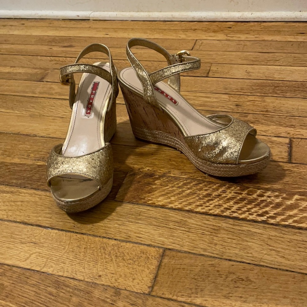 Prada Gold Sequin Wedges Size 37